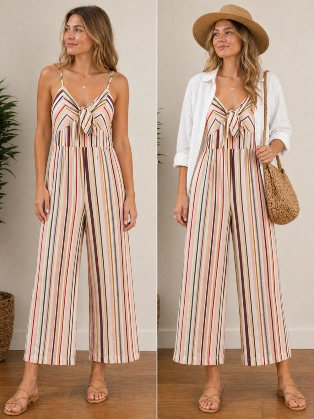 Sweet Rain Striped Tie-Front Wide-Leg Jumpsuit in Neutral Multi